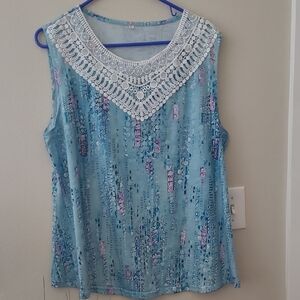 Blue Floral Lace-Yoke Sleeveless Tank Top